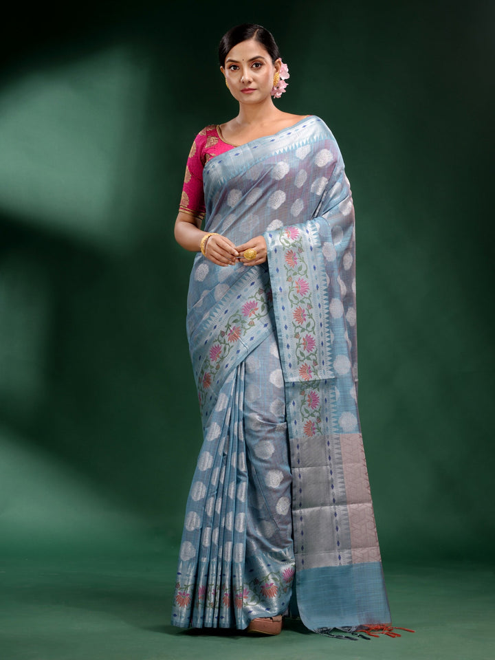 CHARUKRITI Sky Blue Pure Silk Handwoven Soft Saree with Unstitched Blouse