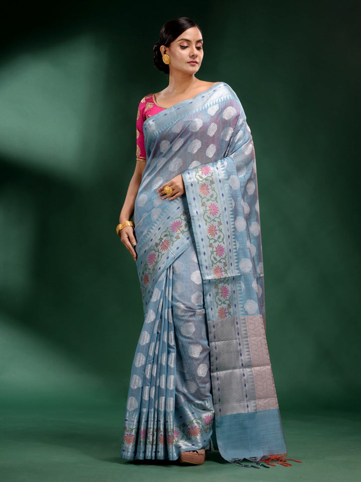 CHARUKRITI Sky Blue Pure Silk Handwoven Soft Saree with Unstitched Blouse