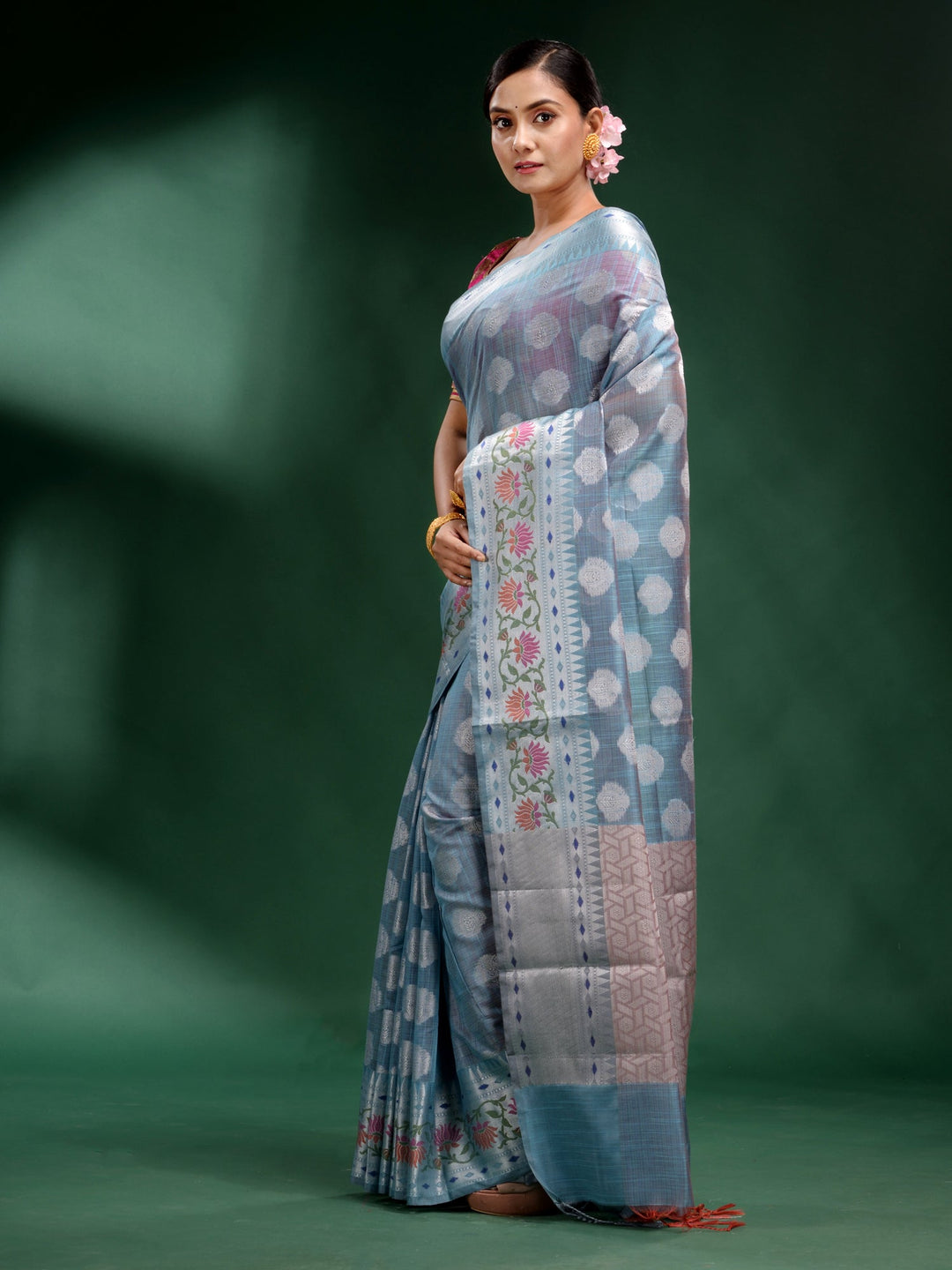 CHARUKRITI Sky Blue Pure Silk Handwoven Soft Saree with Unstitched Blouse