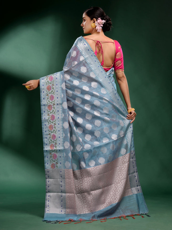 CHARUKRITI Sky Blue Pure Silk Handwoven Soft Saree with Unstitched Blouse