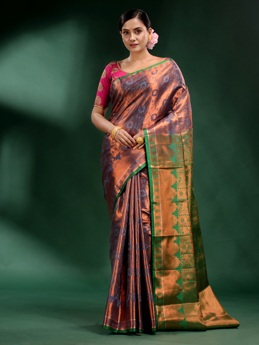 CHARUKRITI Copper Pure Silk Handwoven Soft Saree with Unstitched Blouse