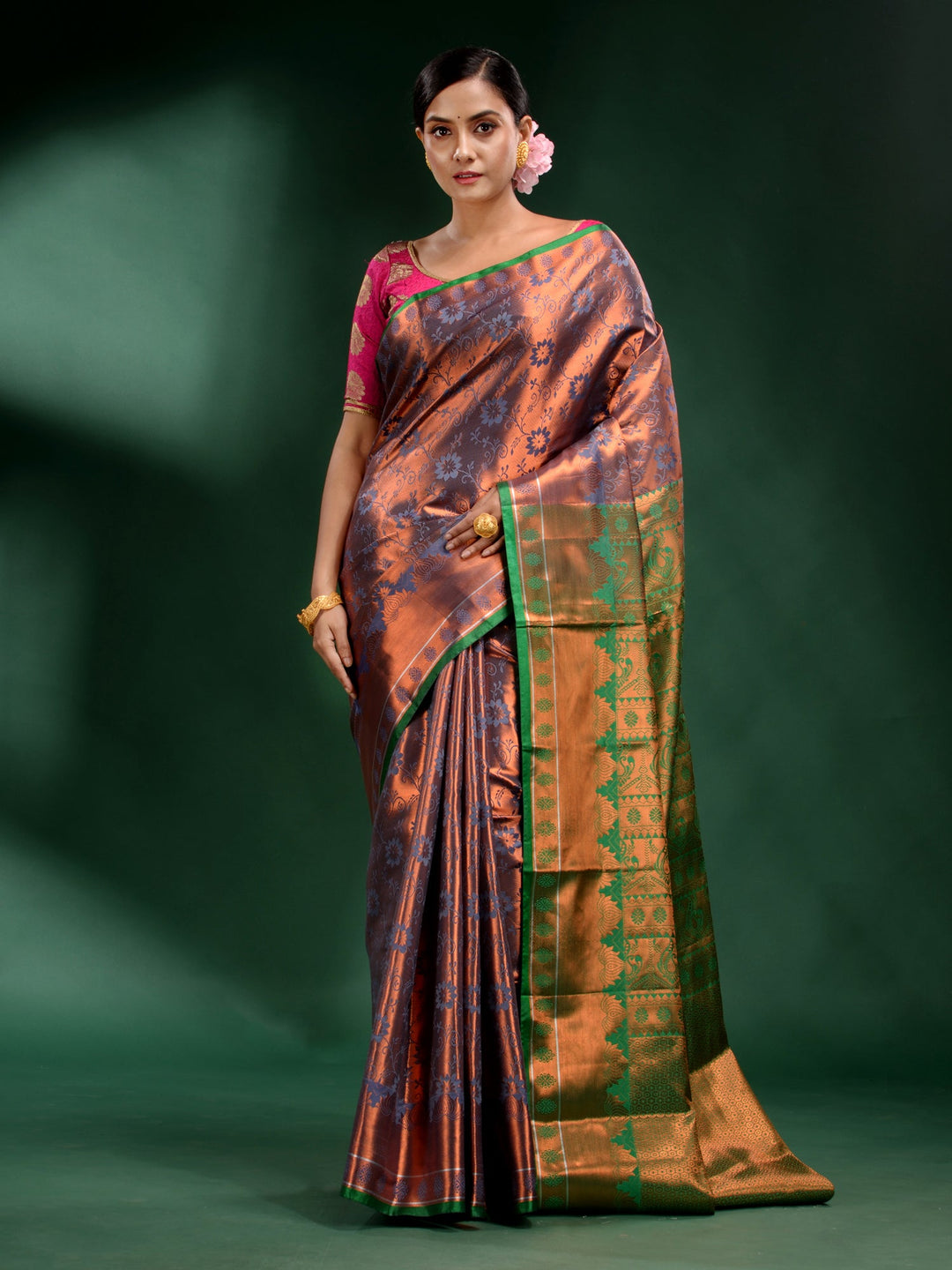 CHARUKRITI Copper Pure Silk Handwoven Soft Saree with Unstitched Blouse