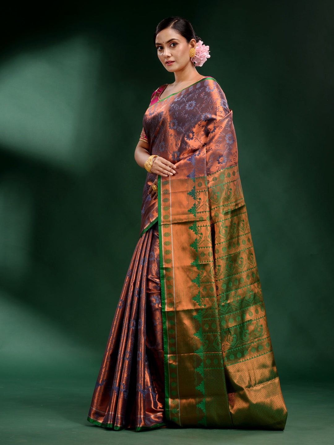 CHARUKRITI Copper Pure Silk Handwoven Soft Saree with Unstitched Blouse