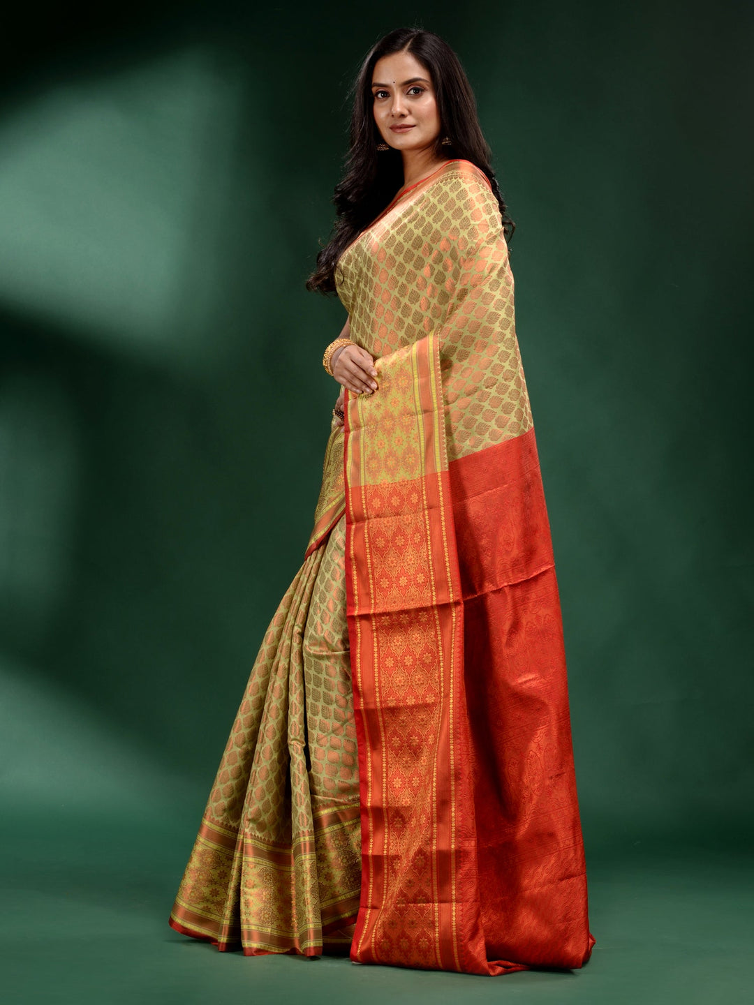 CHARUKRITI Lime Green Pure Silk Handwoven Soft Saree with Unstitched Blouse