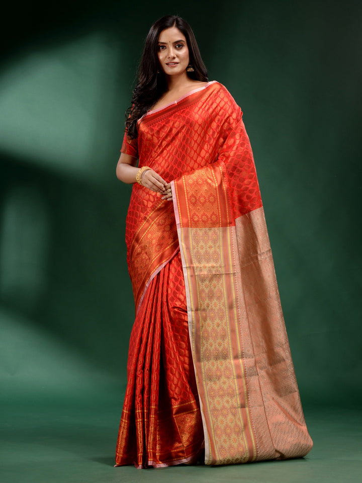 CHARUKRITI Red Pure Silk Handwoven Soft Saree with Unstitched Blouse