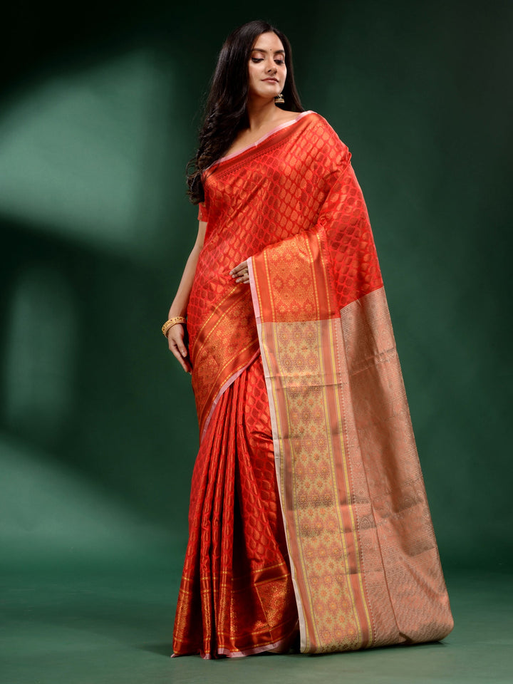 CHARUKRITI Red Pure Silk Handwoven Soft Saree with Unstitched Blouse