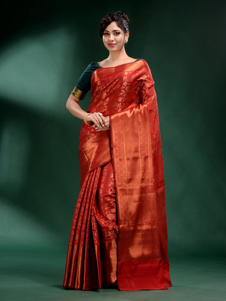 CHARUKRITI Red Pure Silk Handwoven Soft Saree with Unstitched Blouse