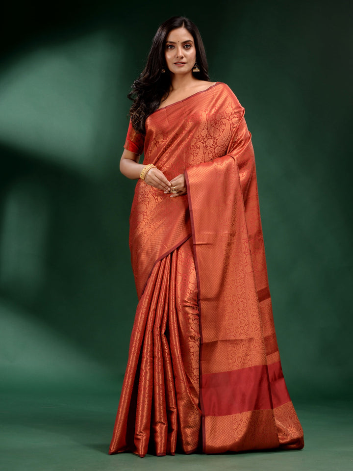 CHARUKRITI Brick Red Pure Silk Handwoven Soft Saree with Unstitched Blouse