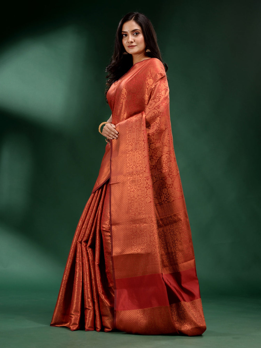 CHARUKRITI Brick Red Pure Silk Handwoven Soft Saree with Unstitched Blouse