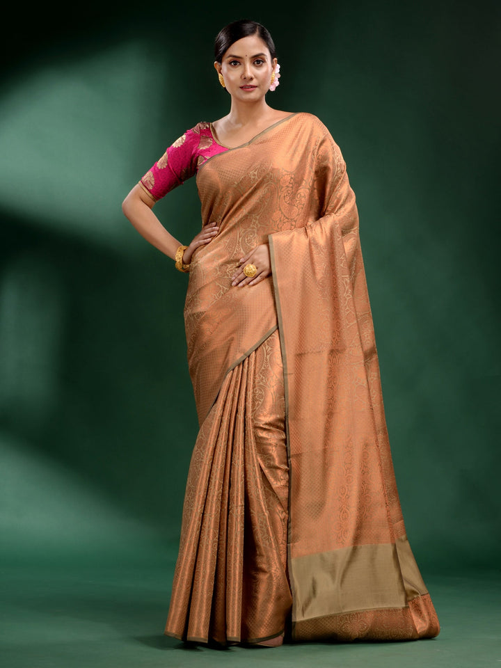CHARUKRITI Beige Pure Silk Handwoven Soft Saree with Unstitched Blouse