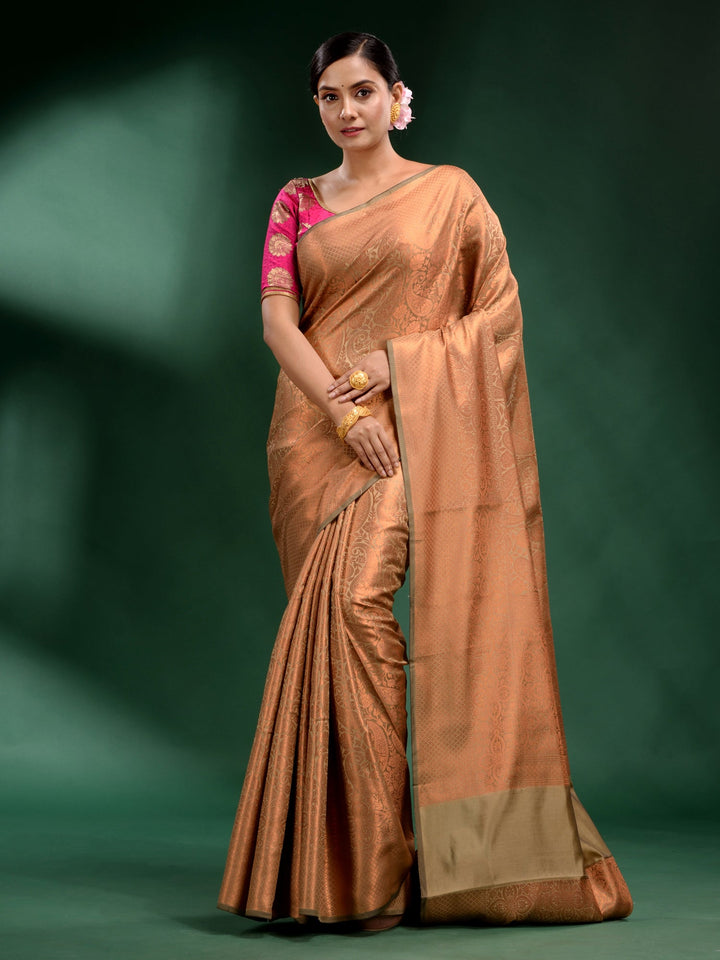 CHARUKRITI Beige Pure Silk Handwoven Soft Saree with Unstitched Blouse