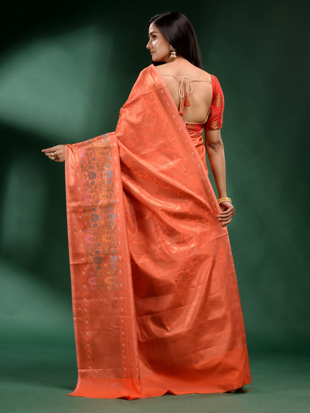 CHARUKRITI Orange Pure Silk Handwoven Soft Saree with Unstitched Blouse