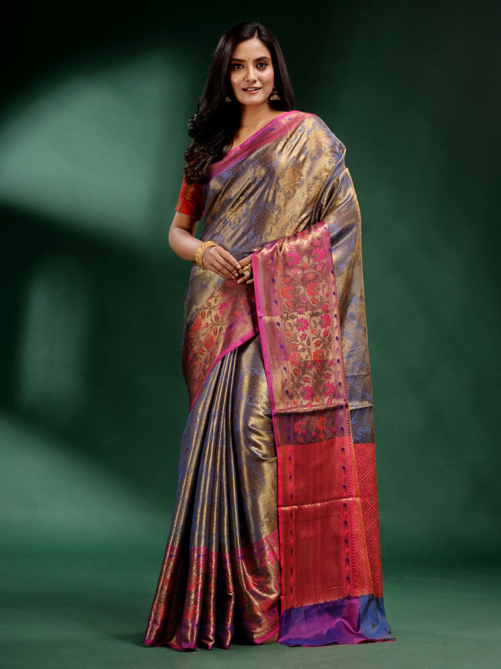 CHARUKRITI Grey Pure Silk Handwoven Soft Saree with Unstitched Blouse