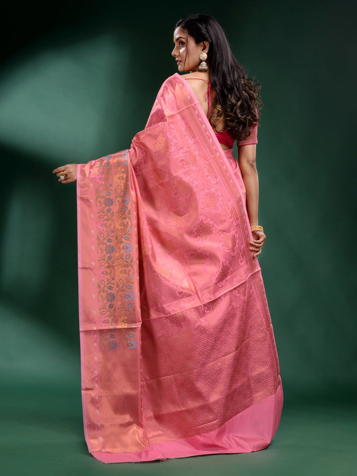 CHARUKRITI Pink Pure Silk Handwoven Soft Saree with Unstitched Blouse