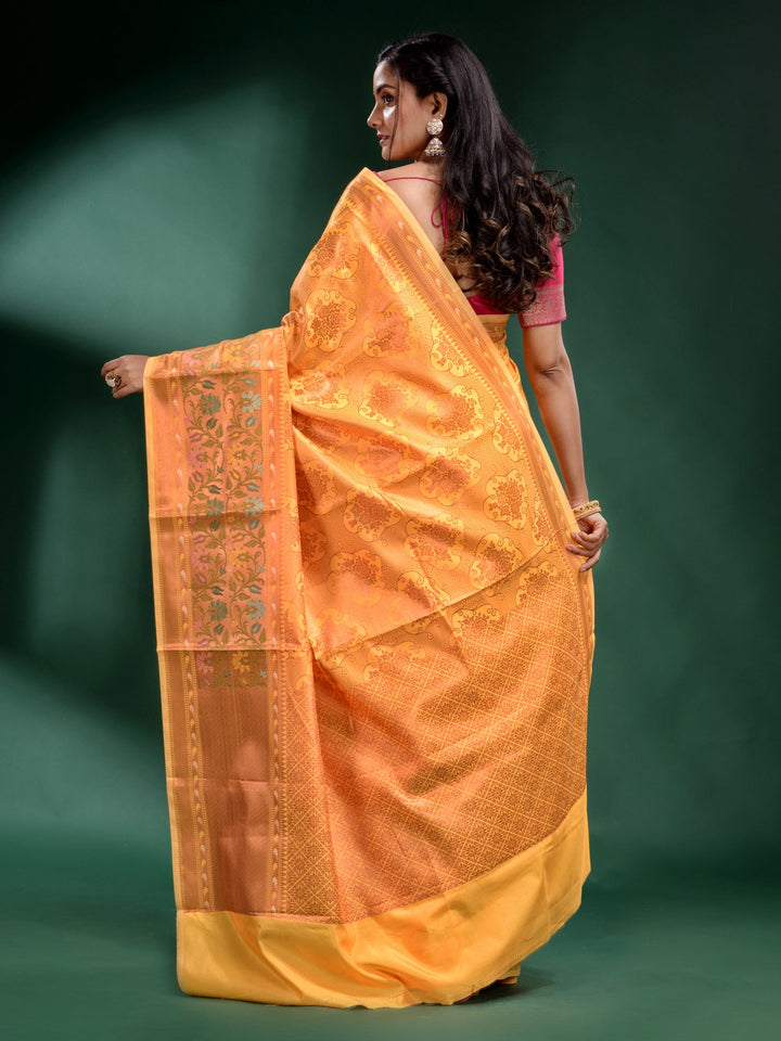 CHARUKRITI Yellow Pure Silk Handwoven Soft Saree with Unstitched Blouse