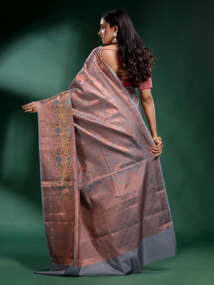 CHARUKRITI Grey Pure Silk Handwoven Soft Saree with Unstitched Blouse