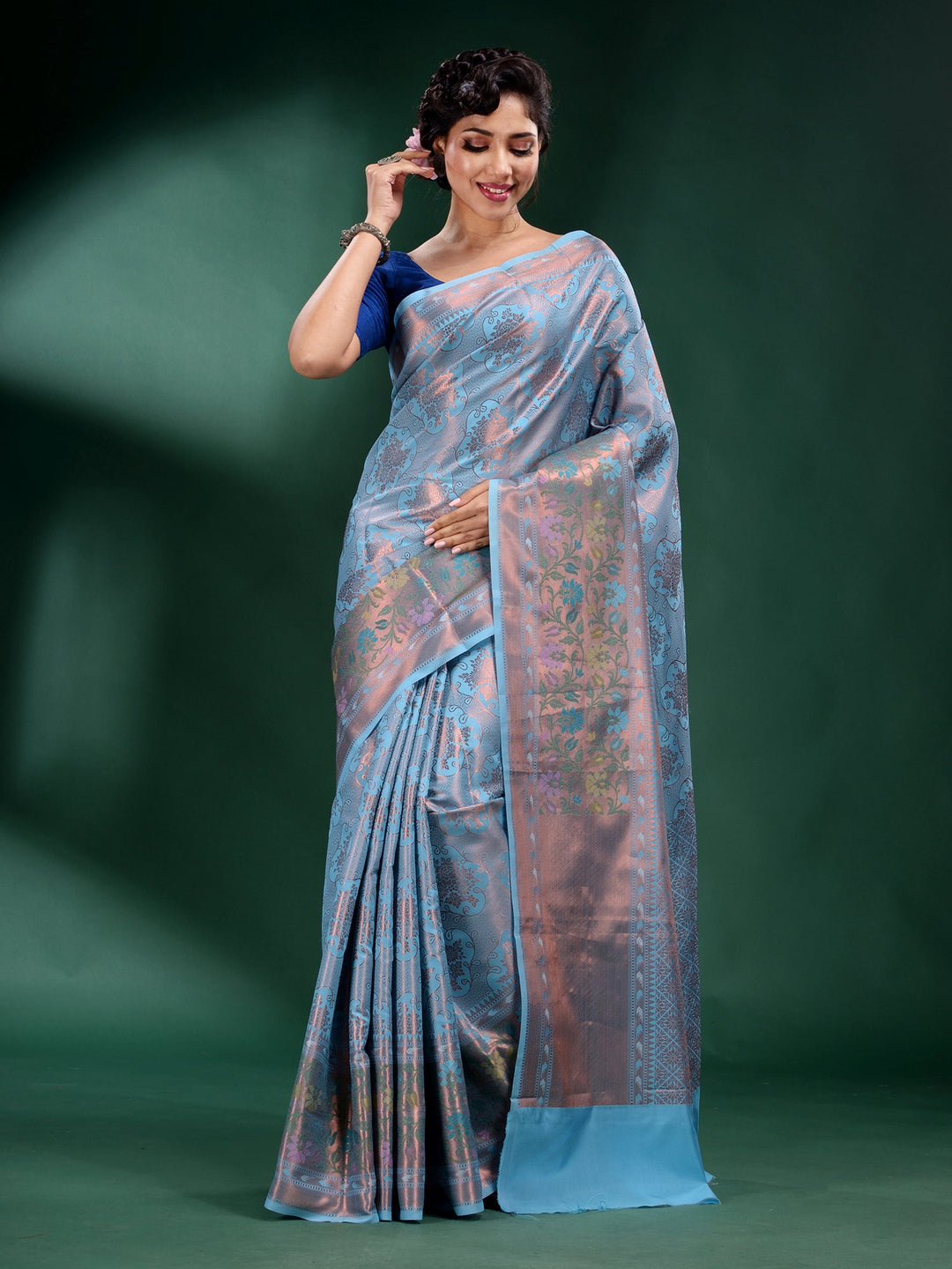 CHARUKRITI Sky Blue Pure Silk Handwoven Soft Saree with Unstitched Blouse