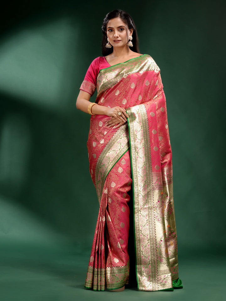 CHARUKRITI Pink Katan Silk Handwoven Soft Saree with Unstitched Blouse