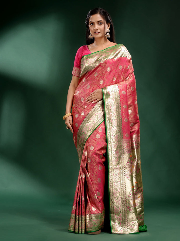 CHARUKRITI Pink Katan Silk Handwoven Soft Saree with Unstitched Blouse