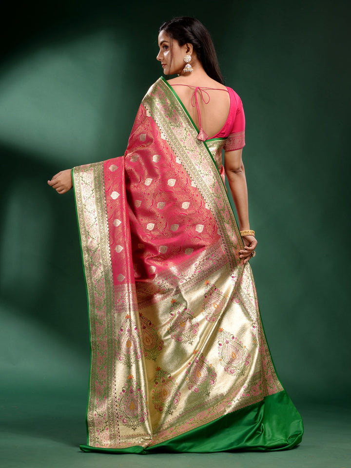 CHARUKRITI Pink Katan Silk Handwoven Soft Saree with Unstitched Blouse