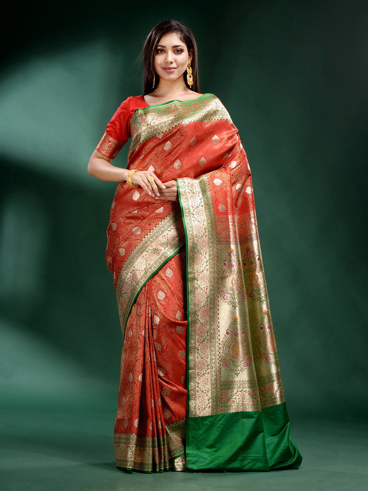 CHARUKRITI Red Katan Silk Handwoven Soft Saree with Unstitched Blouse