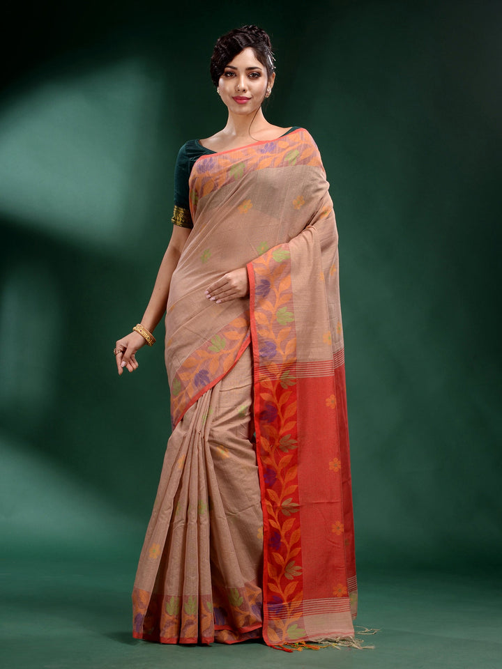 CHARUKRITI Beige Tissue Handwoven Soft Saree with Unstitched Blouse