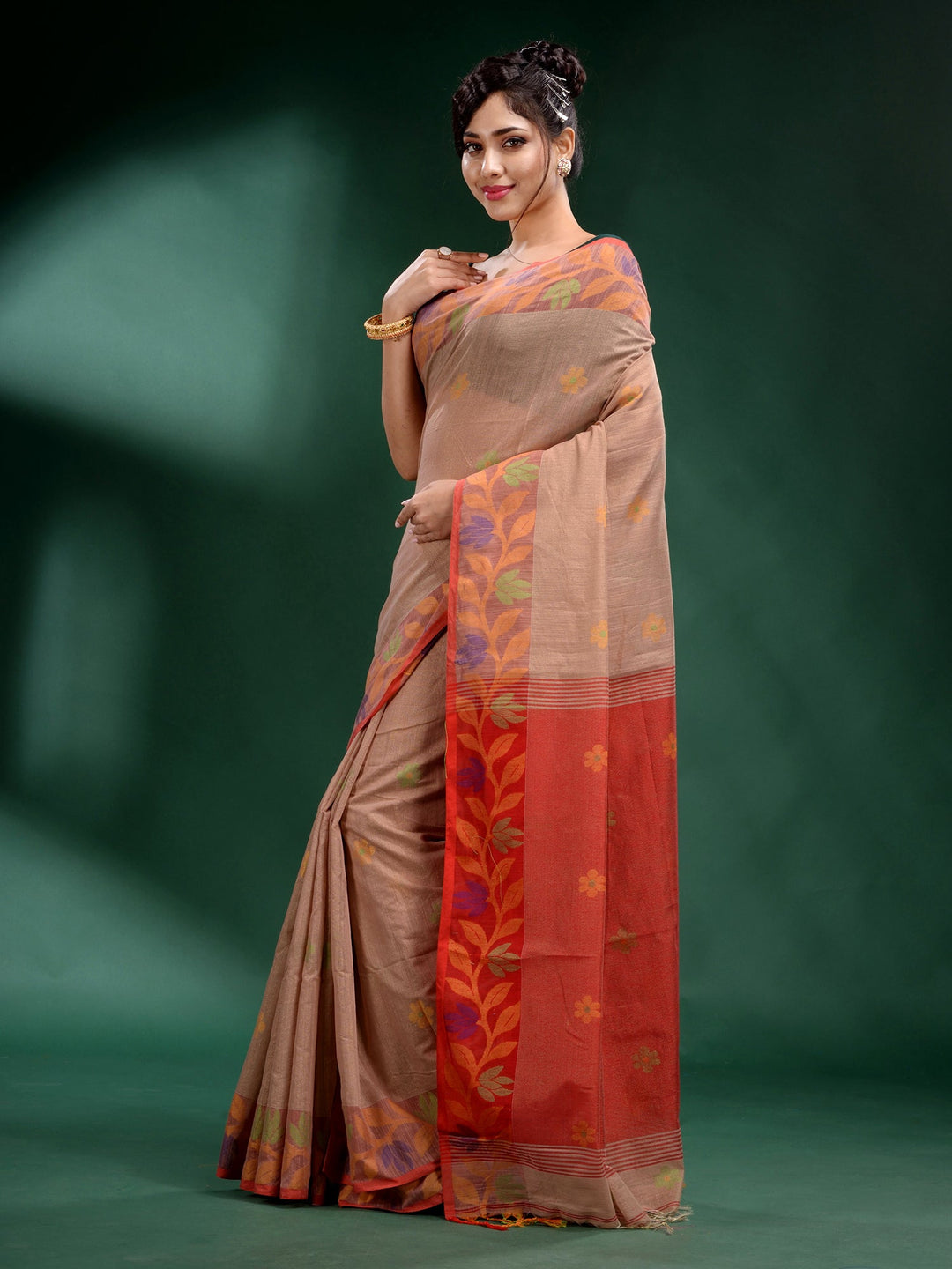 CHARUKRITI Beige Tissue Handwoven Soft Saree with Unstitched Blouse