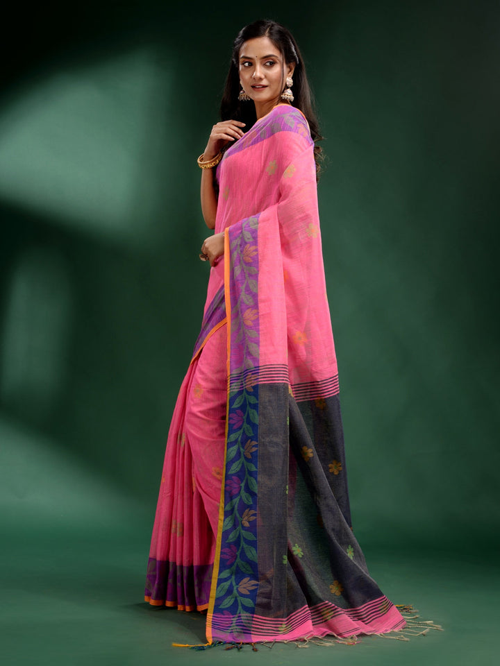 CHARUKRITI Pink Tissue Handwoven Soft Saree with Unstitched Blouse