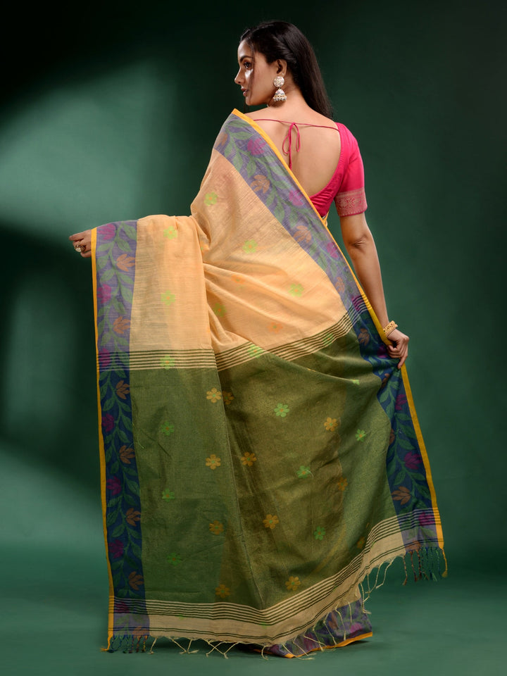 CHARUKRITI Light Yellow Tissue Handwoven Soft Saree with Unstitched Blouse