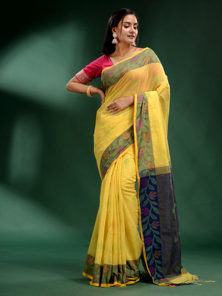 CHARUKRITI Yellow Tissue Handwoven Soft Saree with Unstitched Blouse