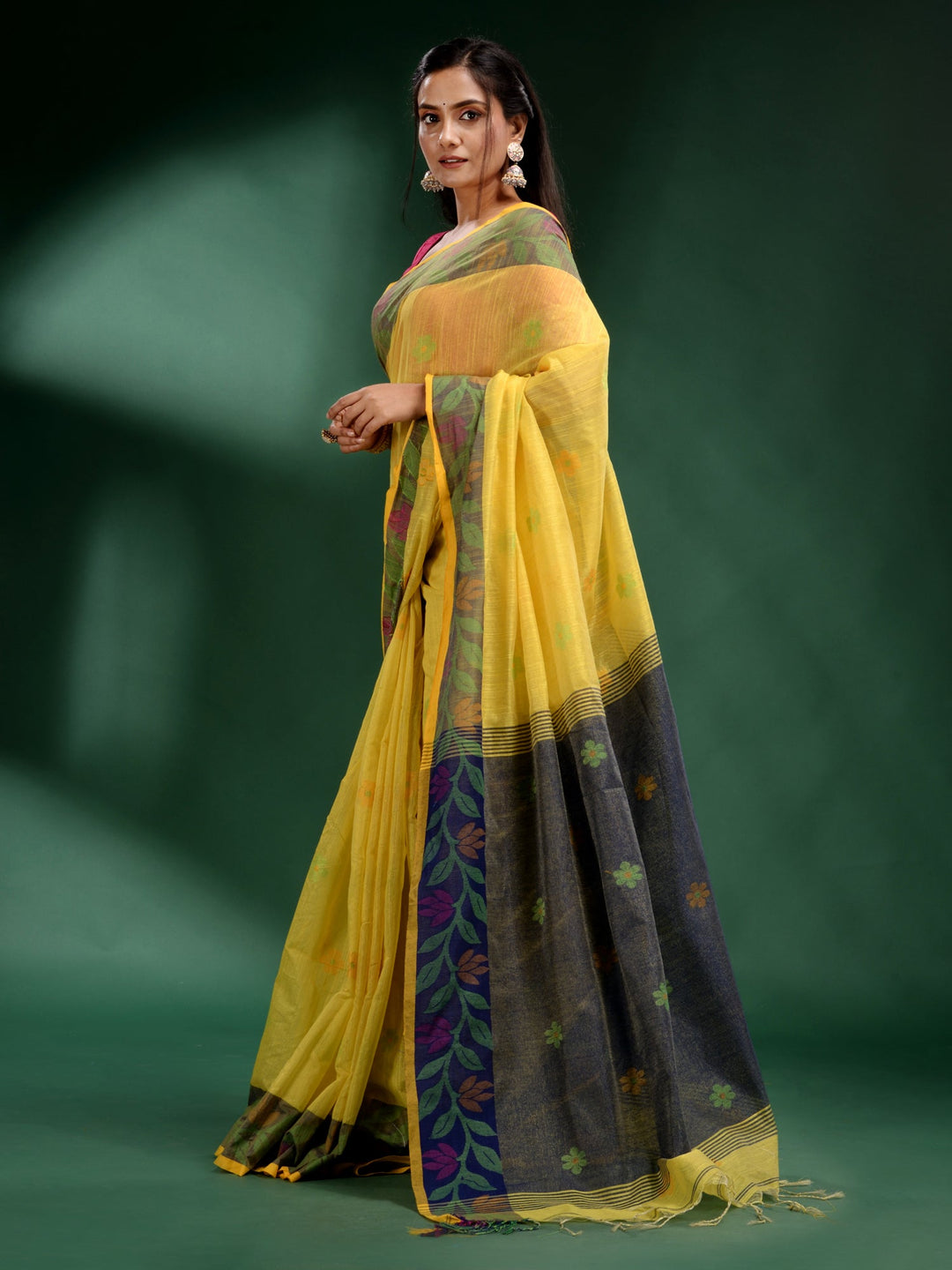 CHARUKRITI Yellow Tissue Handwoven Soft Saree with Unstitched Blouse