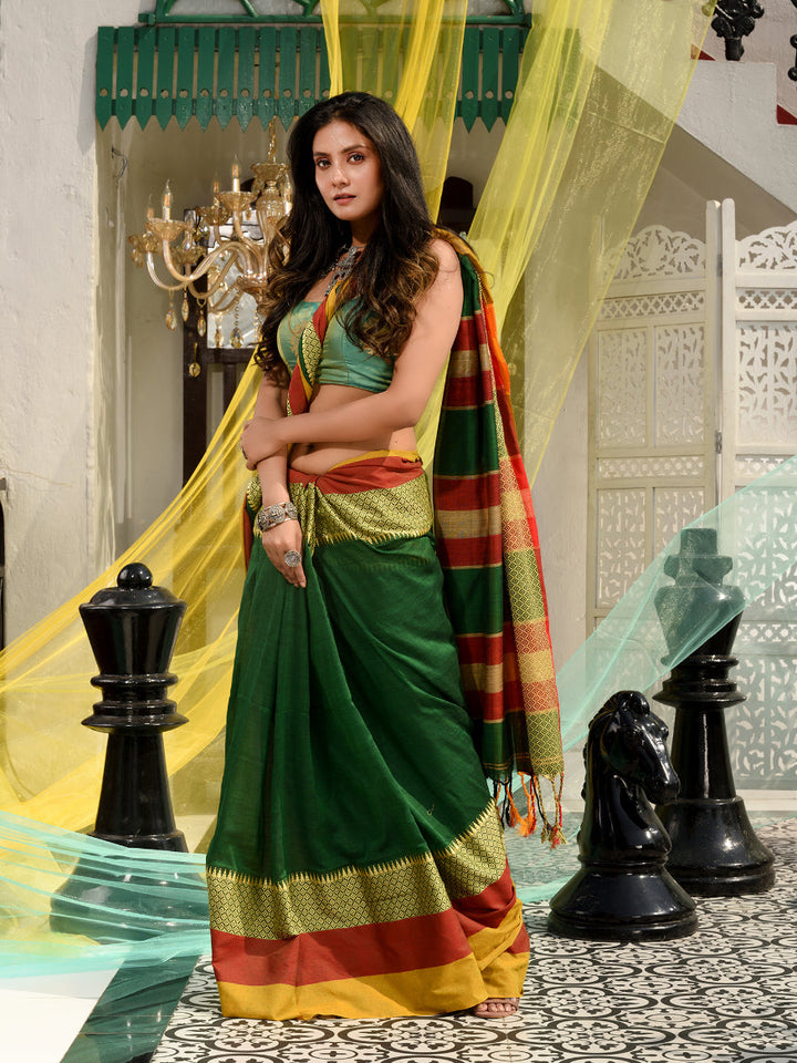 CHARUKRITI Green Blended Cotton Handwoven Saree With Temple Design with Unstitched Blouse Piece