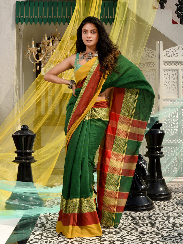 CHARUKRITI Green Blended Cotton Handwoven Saree With Temple Design with Unstitched Blouse Piece