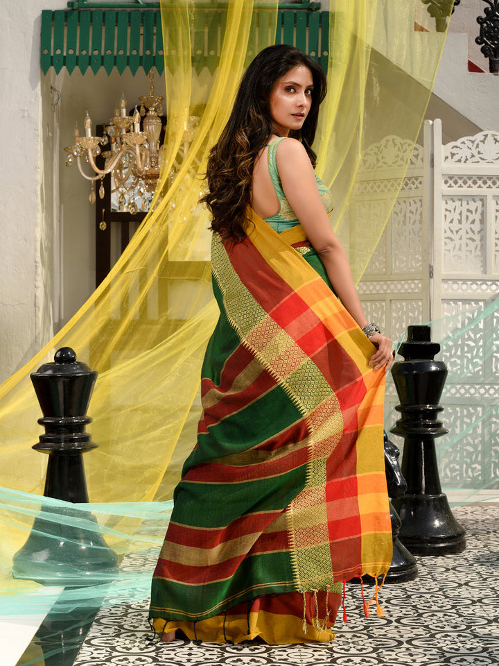 CHARUKRITI Green Blended Cotton Handwoven Saree With Temple Design with Unstitched Blouse Piece