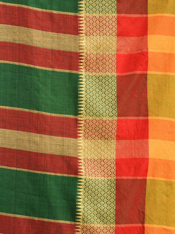 CHARUKRITI Green Blended Cotton Handwoven Saree With Temple Design with Unstitched Blouse Piece