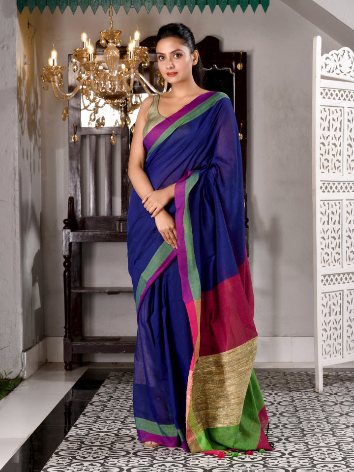 CHARUKRITI Navy Blue Cotton Handwoven Saree With Gicha In Pallu Unstitched Blouse Piece