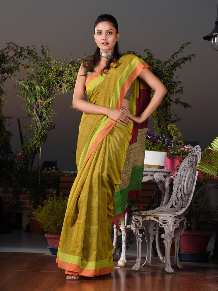 CHARUKRITI Mustard Cotton Handwoven Saree With Gicha In Pallu Unstitched Blouse Piece