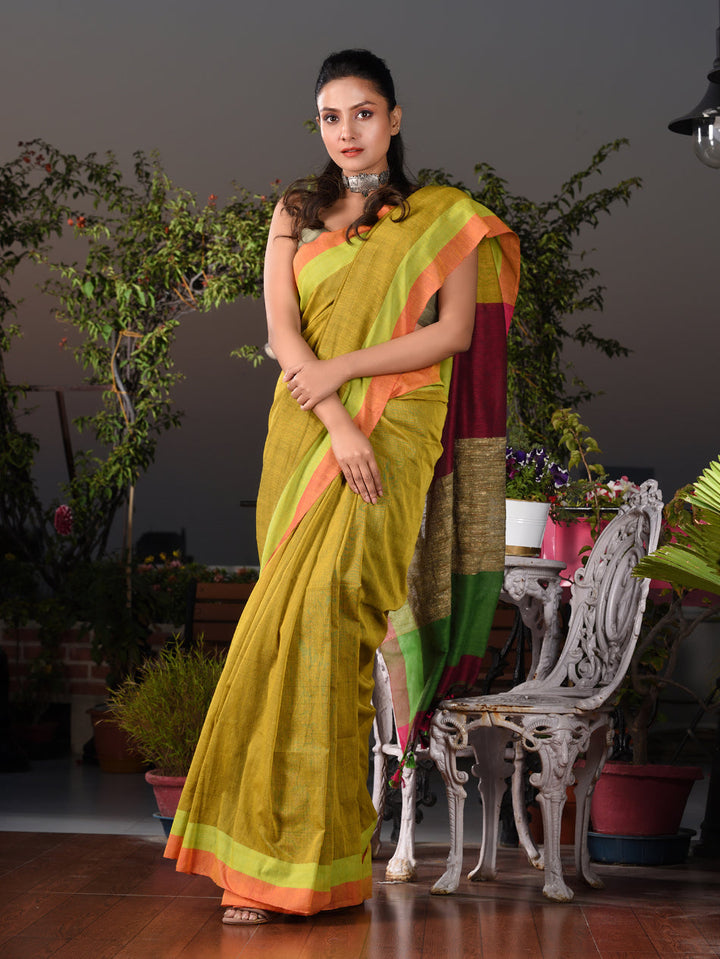 CHARUKRITI Mustard Cotton Handwoven Saree With Gicha In Pallu Unstitched Blouse Piece