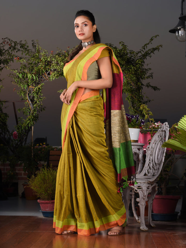 CHARUKRITI Mustard Cotton Handwoven Saree With Gicha In Pallu Unstitched Blouse Piece