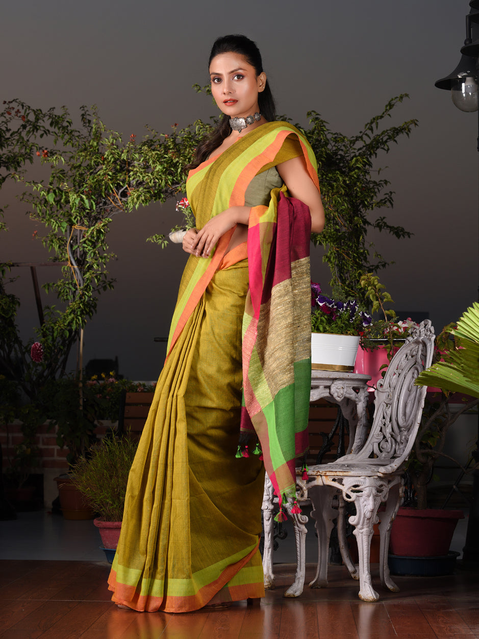 CHARUKRITI Mustard Cotton Handwoven Saree With Gicha In Pallu Unstitched Blouse Piece