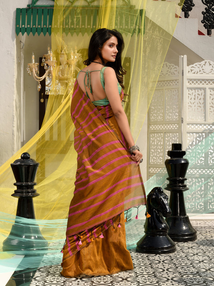 CHARUKRITI Mustard Cotton Handwoven Saree With Stripes with Unstitched Blouse Piece