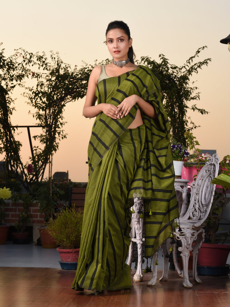 CHARUKRITI Sap Green Cotton Handwoven Saree With Stripes with Unstitched Blouse Piece