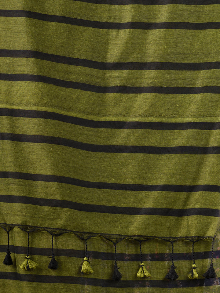 CHARUKRITI Sap Green Cotton Handwoven Saree With Stripes with Unstitched Blouse Piece