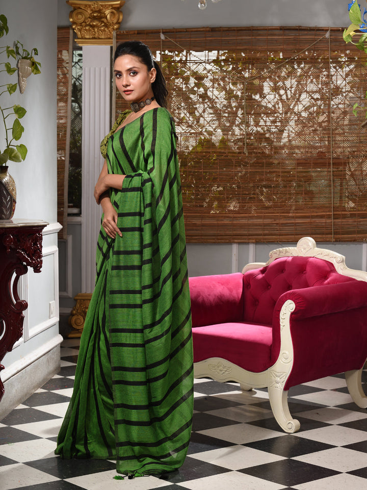 CHARUKRITI Green Cotton Handwoven Saree With Stripes with Unstitched Blouse Piece