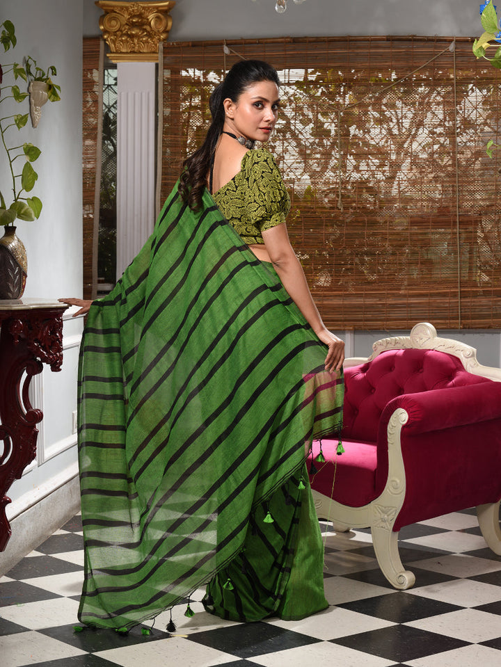 CHARUKRITI Green Cotton Handwoven Saree With Stripes with Unstitched Blouse Piece