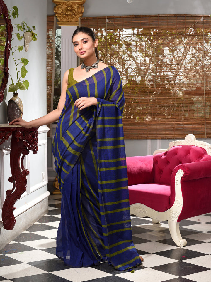 CHARUKRITI Blue Cotton Handwoven Saree With Stripes with Unstitched Blouse Piece