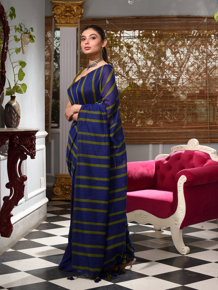 CHARUKRITI Blue Cotton Handwoven Saree With Stripes with Unstitched Blouse Piece