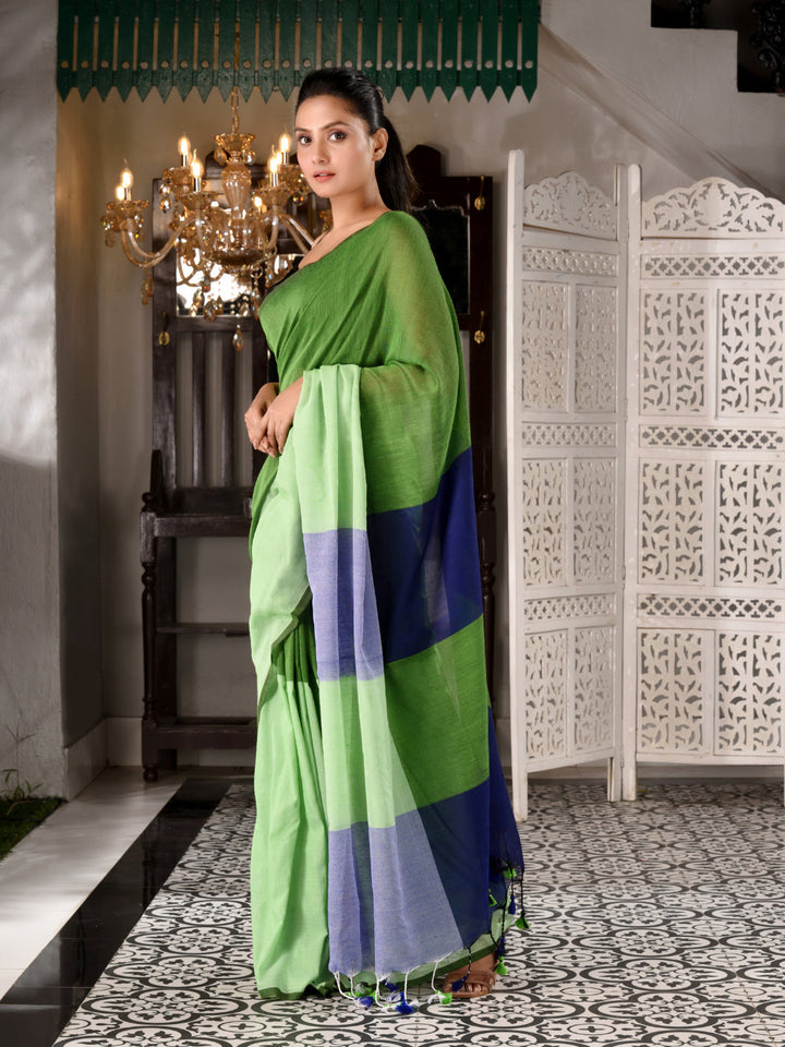 CHARUKRITI Green Cotton Handwoven Saree With Pompom with Unstitched Blouse Piece