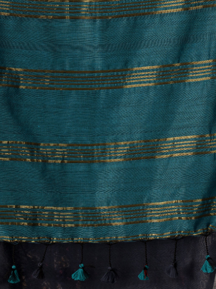 CHARUKRITI Blue Cotton Handwoven Saree With Zari In Pallu Unstitched Blouse Piece
