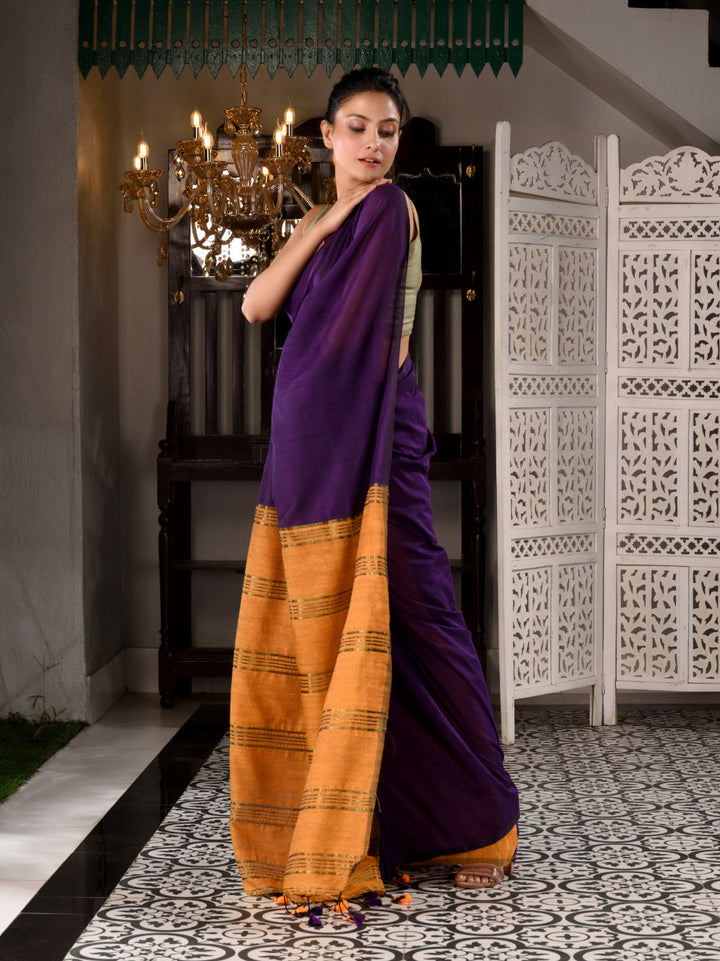 CHARUKRITI Violet Cotton Handwoven Saree With Zari In Pallu Unstitched Blouse Piece